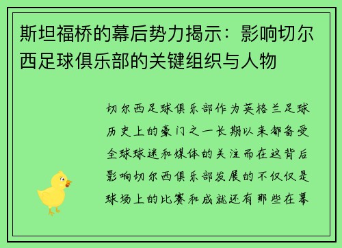斯坦福桥的幕后势力揭示:影响切尔西足球俱乐部的关键组织与人物 斯坦福桥的幕后势力揭示:影响切尔西足球俱乐部的关键组织与人物